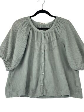Marine Layer Wren Puff Sleeve Button-Up Top Sz L Green Gauze Boho Relaxed